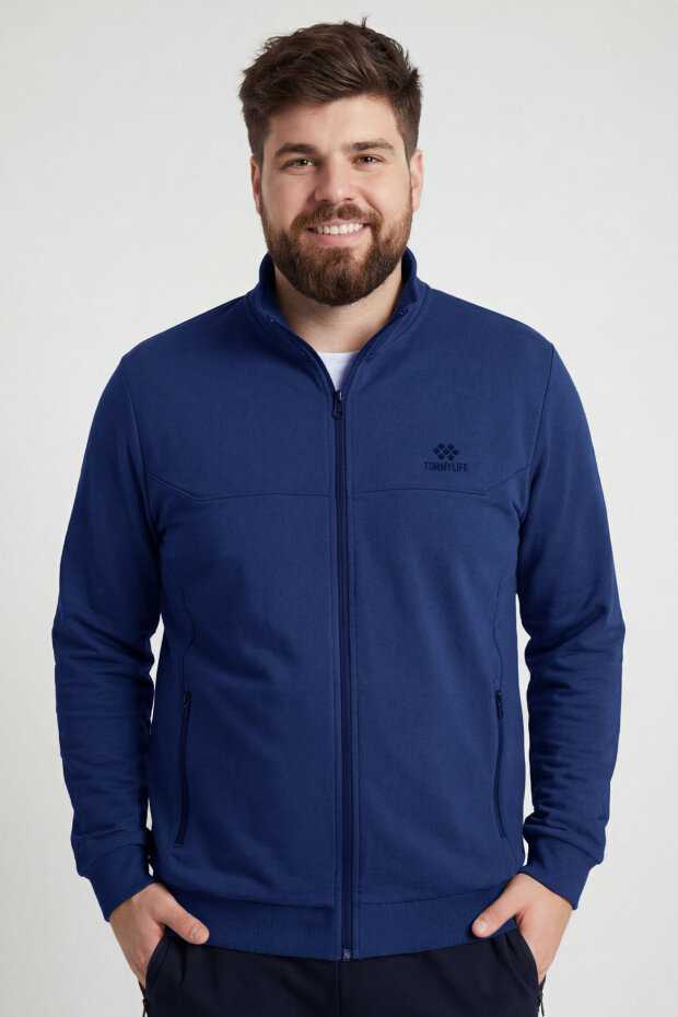 İndigo - Lacivert Dik Yaka Battal Büyük Beden Erkek Eşofman Takım - 85176 - 3