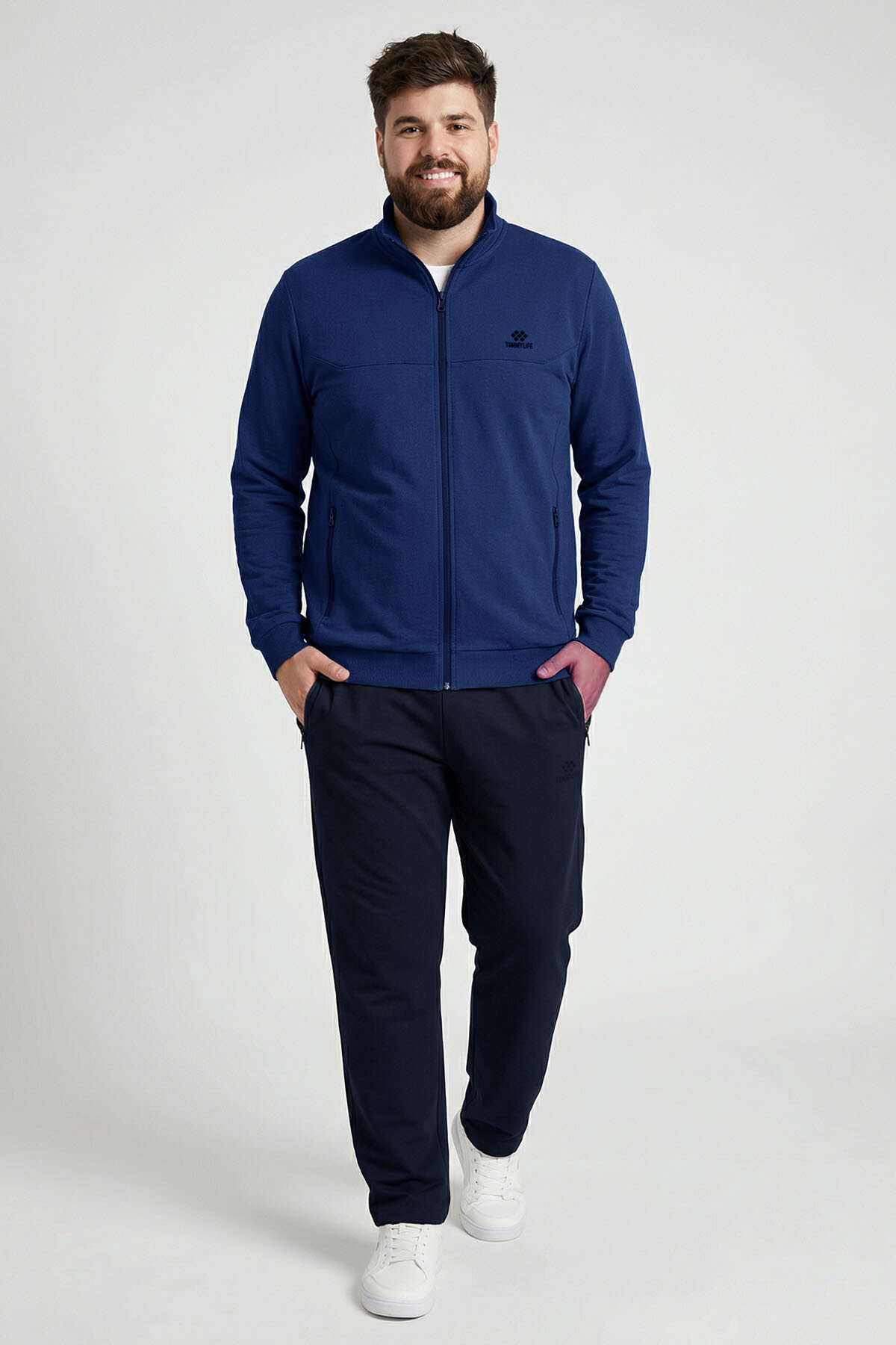 İndigo - Lacivert Dik Yaka Battal Büyük Beden Erkek Eşofman Takım - 85176 - TOMMYLIFE