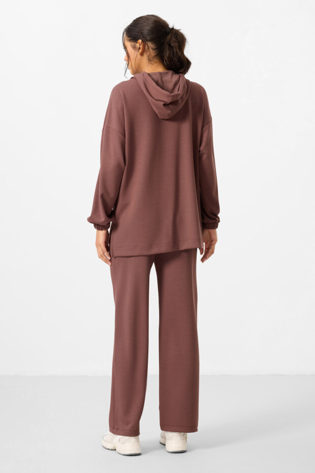 Kahverengi Yumuşak Dokulu Kapüşonlu Oversize Kadın Eşofman Tunik Takım - 95348 - 7