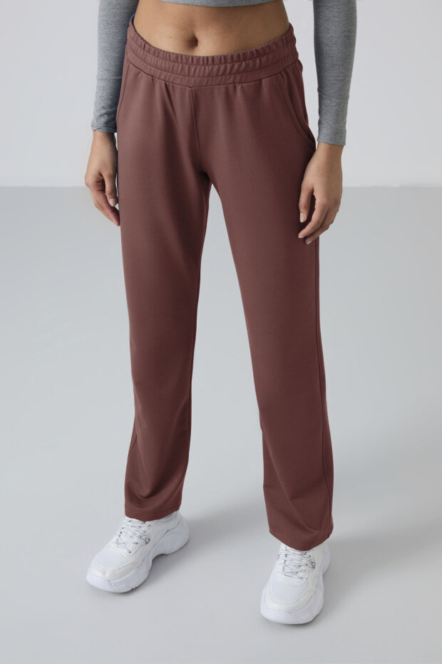 Kahverengi Yüksek Bel Cepli Rahat Form Klasik Paça Kadın Eşofman Alt - 94584 - 2