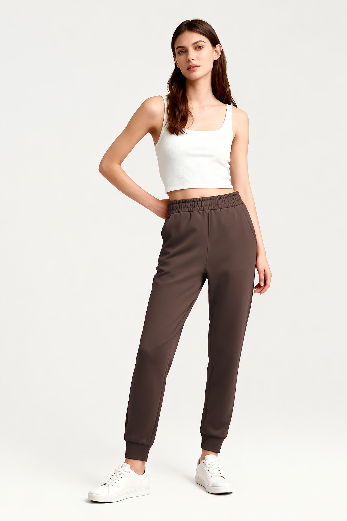 Kahverengi Yüksek Bel Jogger Rahat Form Manşetli Kadın Eşofman Alt - 94561 - TOMMYLIFE (1)