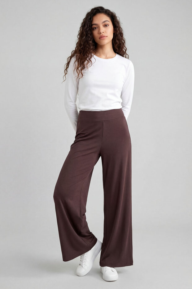 Kahverengi Comfort Fit Geniş Paça Korsajlı Palazzo Kadın Pantolon - 94681 - 4