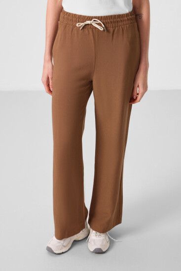 Kahverengi Keten Geniş Paça Rahat Form Kadın Palazzo Pantolon - 94675 - TOMMYLIFE (1)