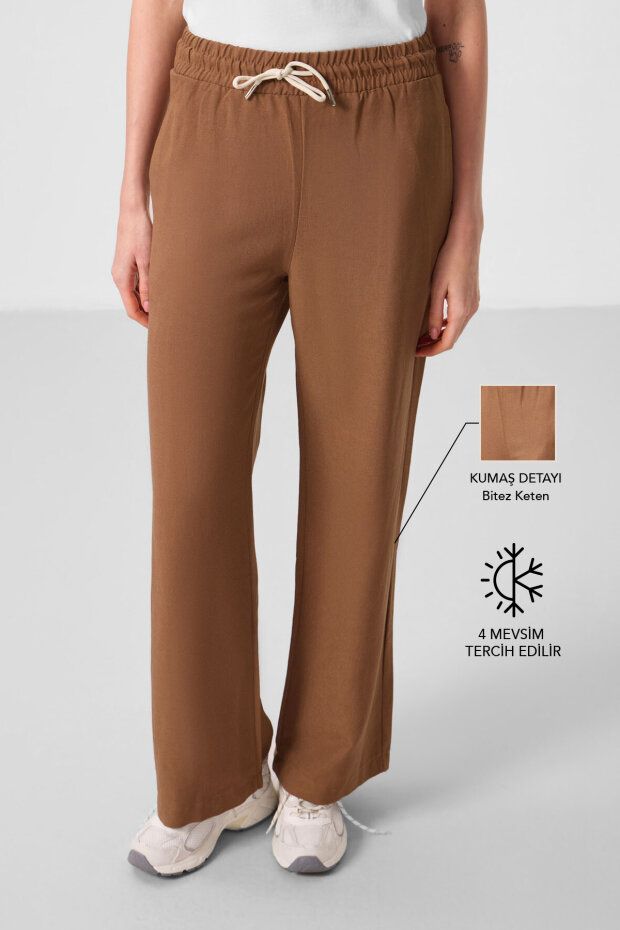 Kahverengi Keten Geniş Paça Rahat Form Kadın Palazzo Pantolon - 94675 - 1