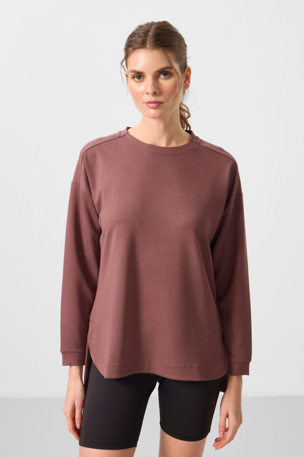 Kahverengi Yumuşak Dokulu O Yaka Rahat Form Kadın Tunik Sweatshirt - 97305 - 1