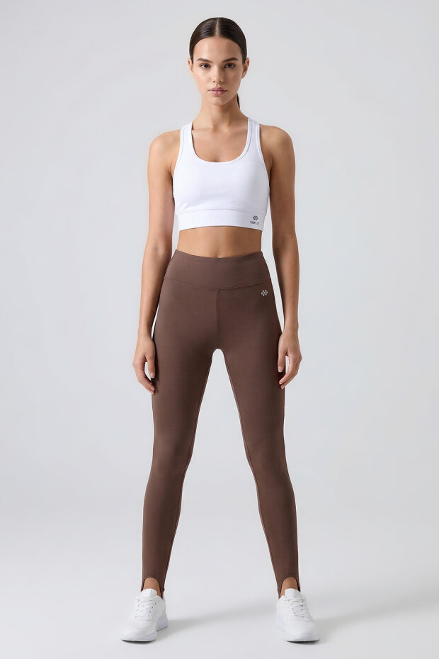 Kahverengi Standart Fit Esnek Spor Performans Kadın Topuklu Tayt - 94685 - 2