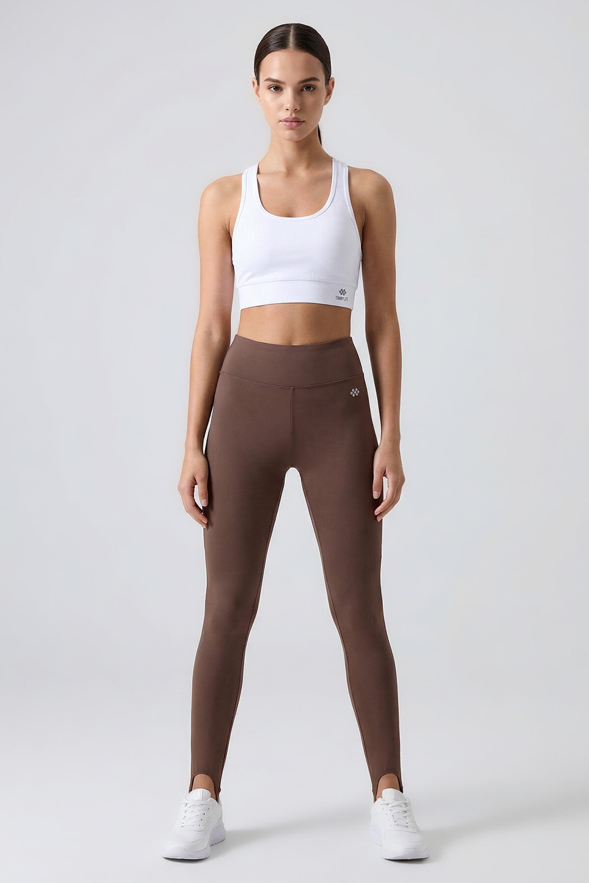 Kahverengi Standart Fit Esnek Spor Performans Kadın Topuklu Tayt - 94685 - TOMMYLIFE (1)