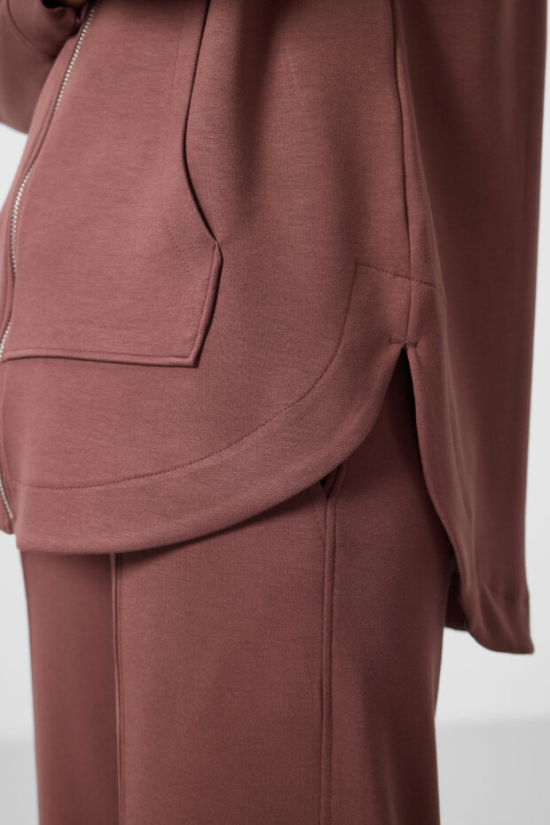 Kahverengi Yumuşak Dokulu Kapüşonlu Oversize Kadın Tunik Sweatshirt - 97302 - 4