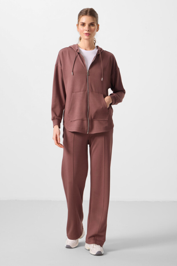 Kahverengi Yumuşak Dokulu Kapüşonlu Oversize Kadın Tunik Sweatshirt - 97302 - 5