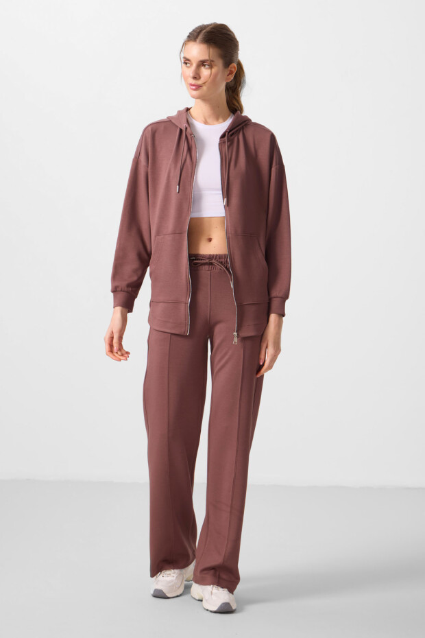 Kahverengi Yumuşak Dokulu Kapüşonlu Oversize Kadın Tunik Sweatshirt - 97302 - 3