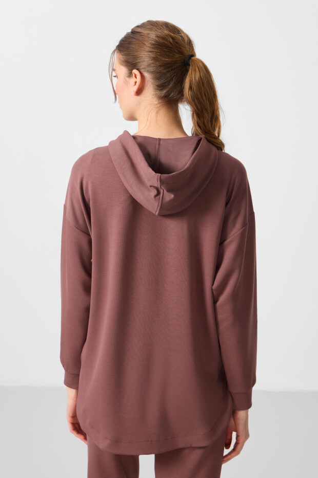 Kahverengi Yumuşak Dokulu Kapüşonlu Oversize Kadın Tunik Sweatshirt - 97302 - 7