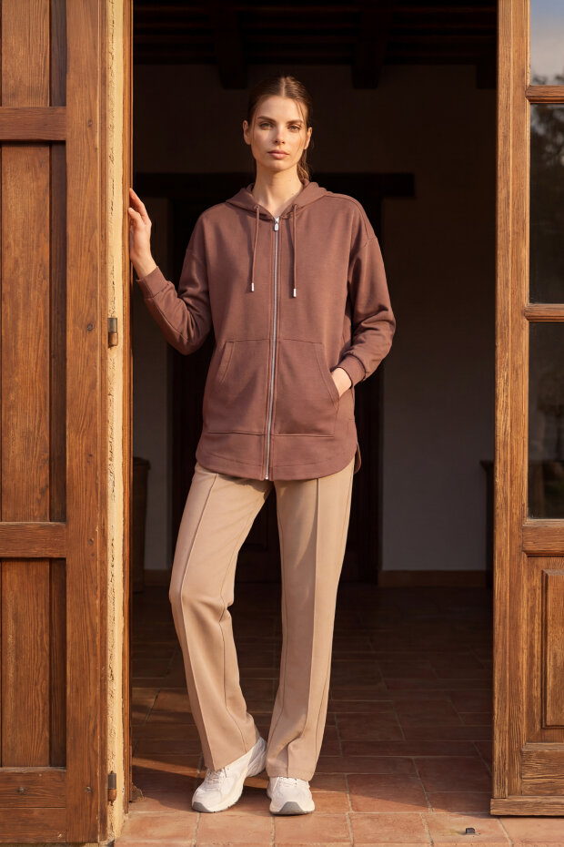 Kahverengi Yumuşak Dokulu Kapüşonlu Oversize Kadın Tunik Sweatshirt - 97302 - 1