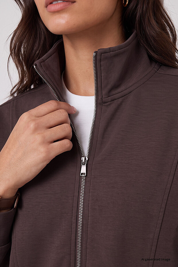 Kahverengi Dik Yaka Standart Kalıp Crop Kadın Sweatshirt - 97317 - 4