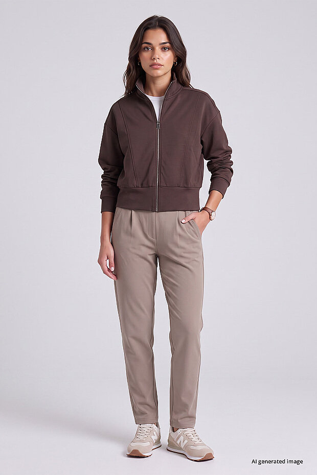 Kahverengi Dik Yaka Standart Kalıp Crop Kadın Sweatshirt - 97317 - 3