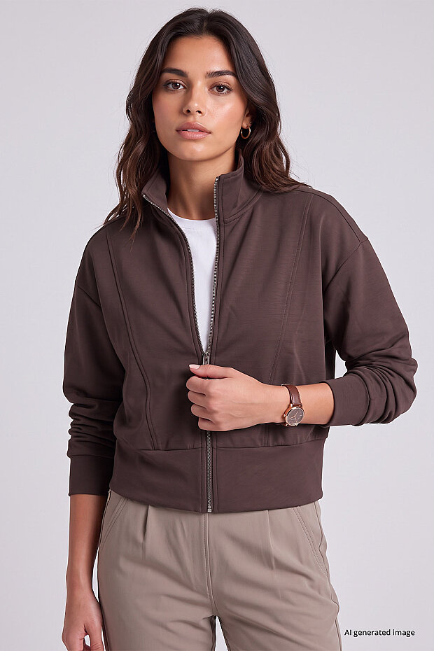 Kahverengi Dik Yaka Standart Kalıp Crop Kadın Sweatshirt - 97317 - 2
