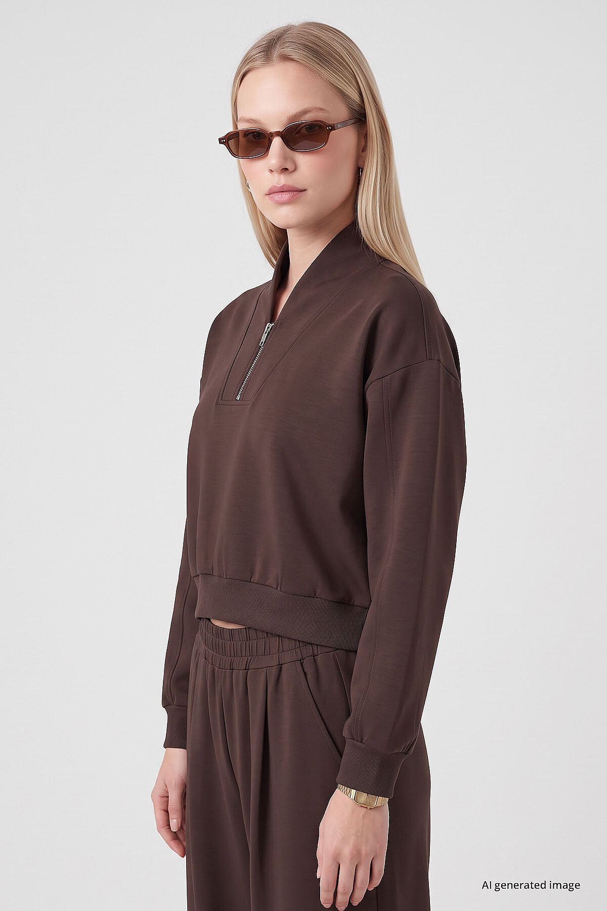 Kahverengi Standart Kalıp Crop Geniş Paça Kadın Eşofman Takım - 95359 - TOMMYLIFE (1)