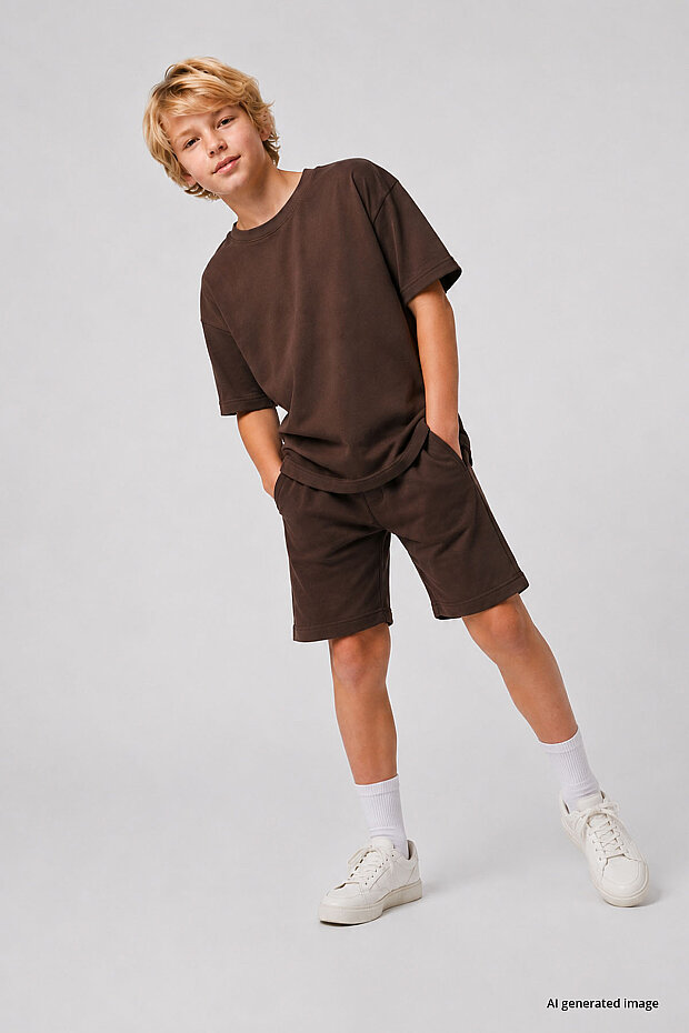 Kahverengi Oversize Fit Basic Erkek Çocuk Şort Takım - 11335 - 3