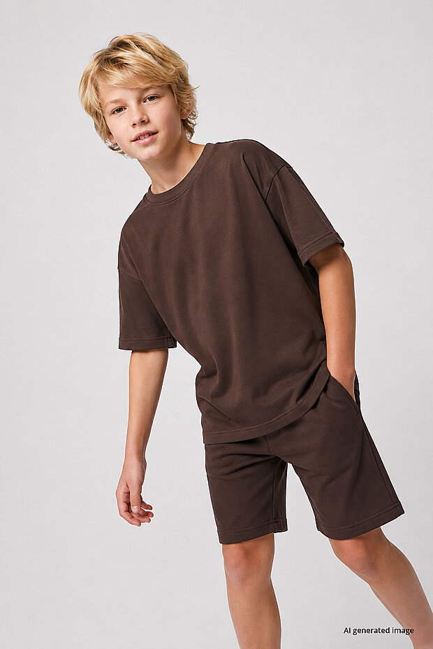Kahverengi Oversize Fit Basic Erkek Çocuk Şort Takım - 11335 - 2
