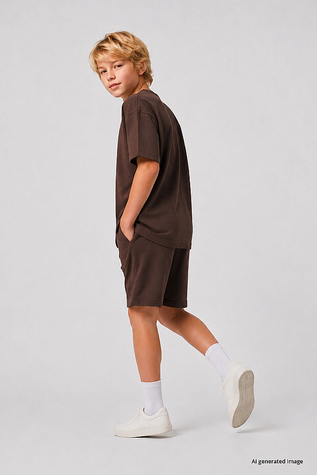 Kahverengi Oversize Fit Basic Erkek Çocuk Şort Takım - 11335 - 4