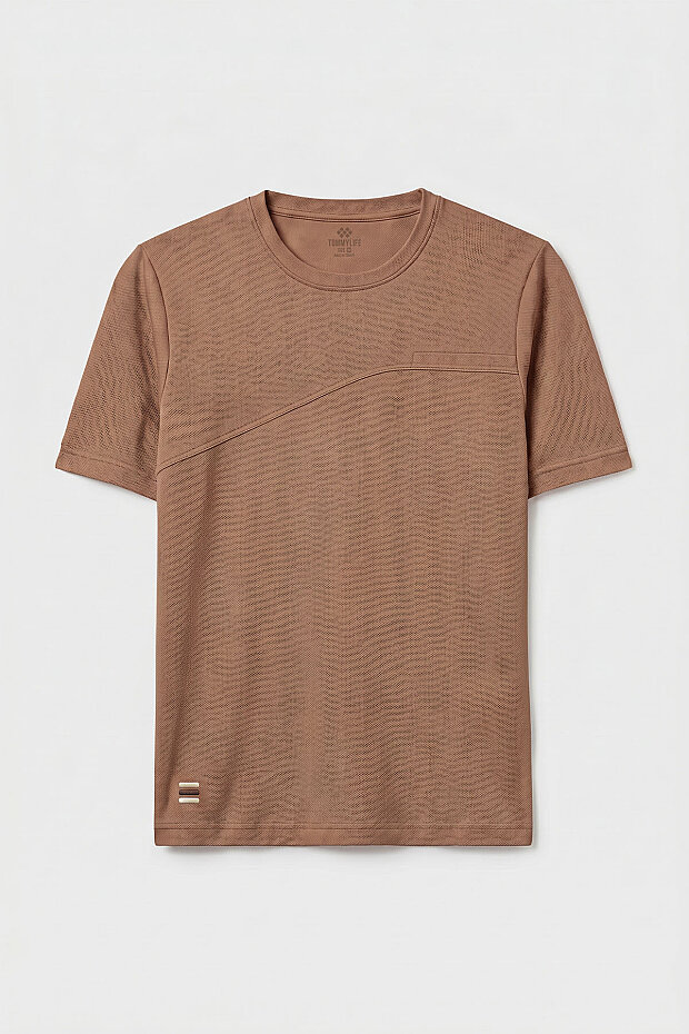Kahverengi Rahat Form Yüzeyi Dokulu Ön Dikiş Detaylı Erkek T-Shirt - 88437 - 1