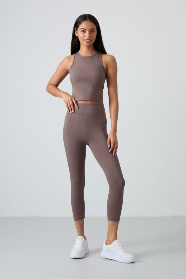 Kahverengi Yüksek Bel Kapri-Crop Atlet Slim Fit Kadın Tayt Takım - 95284 - 4