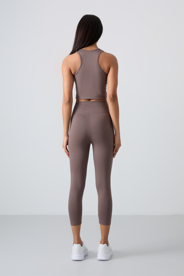 Kahverengi Yüksek Bel Kapri-Crop Atlet Slim Fit Kadın Tayt Takım - 95284 - 8