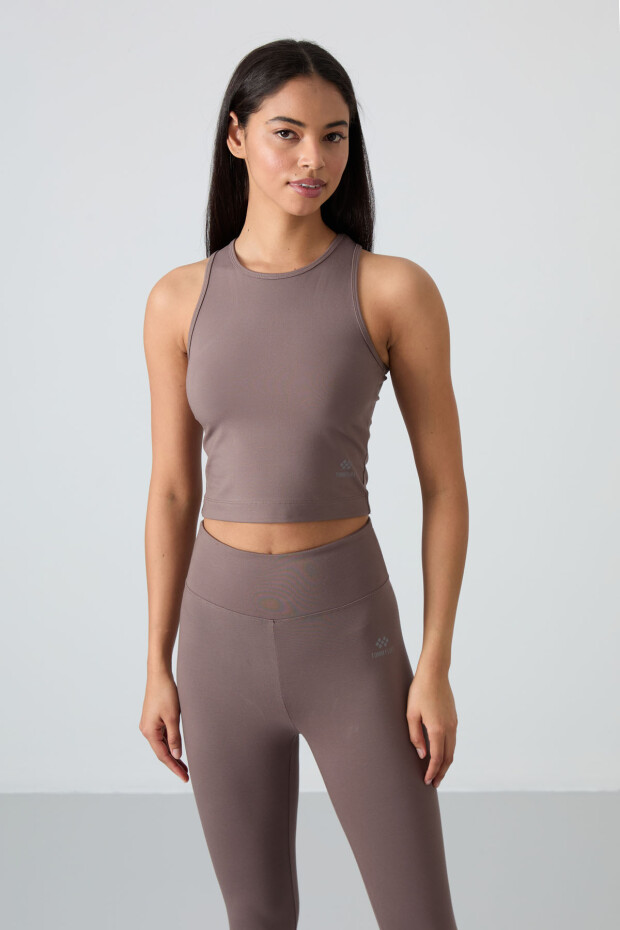 Kahverengi Yüksek Bel Kapri-Crop Atlet Slim Fit Kadın Tayt Takım - 95284 - 2