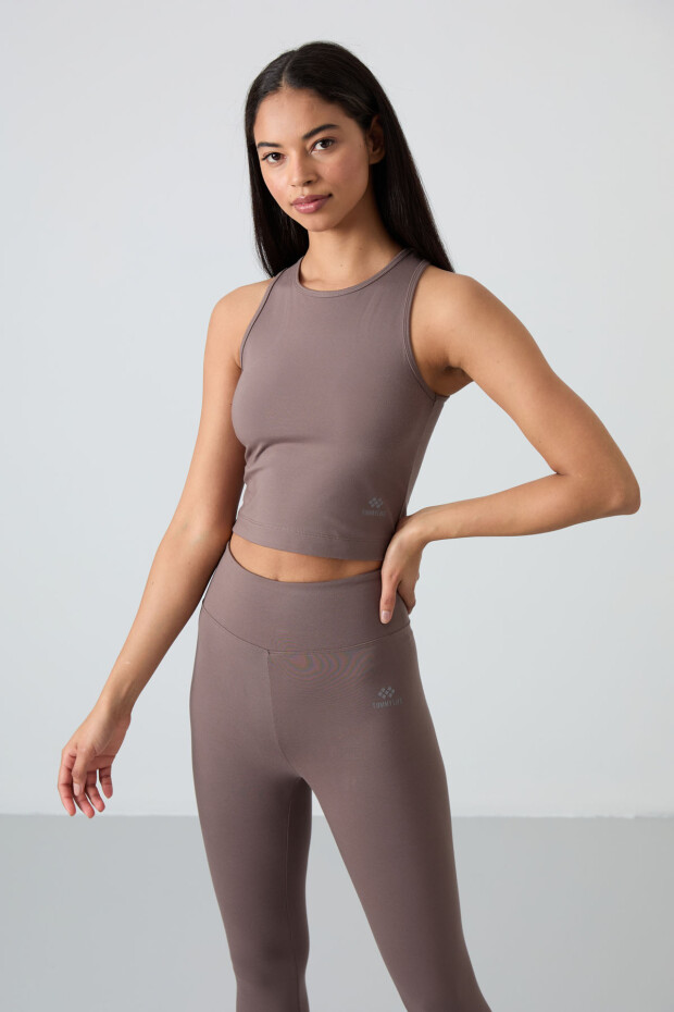 Kahverengi Yüksek Bel Kapri-Crop Atlet Slim Fit Kadın Tayt Takım - 95284 - 6