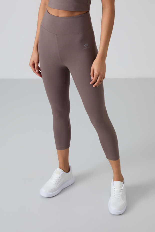 Kahverengi Yüksek Bel Kapri-Crop Atlet Slim Fit Kadın Tayt Takım - 95284 - 5