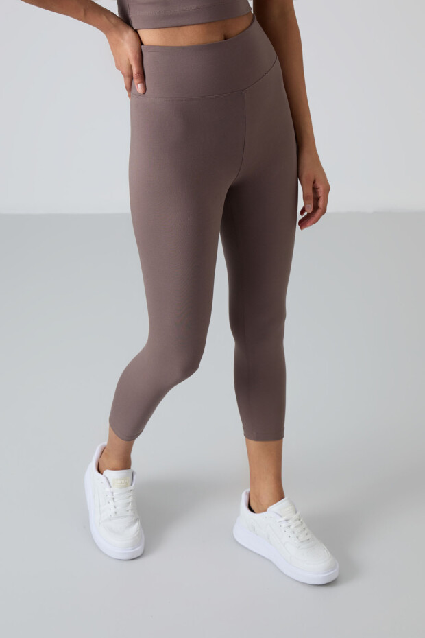 Kahverengi Yüksek Bel Kapri-Crop Atlet Slim Fit Kadın Tayt Takım - 95284 - 7