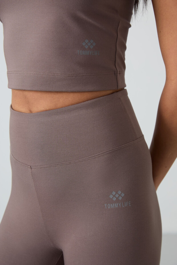 Kahverengi Yüksek Bel Kapri-Crop Atlet Slim Fit Kadın Tayt Takım - 95284 - 3