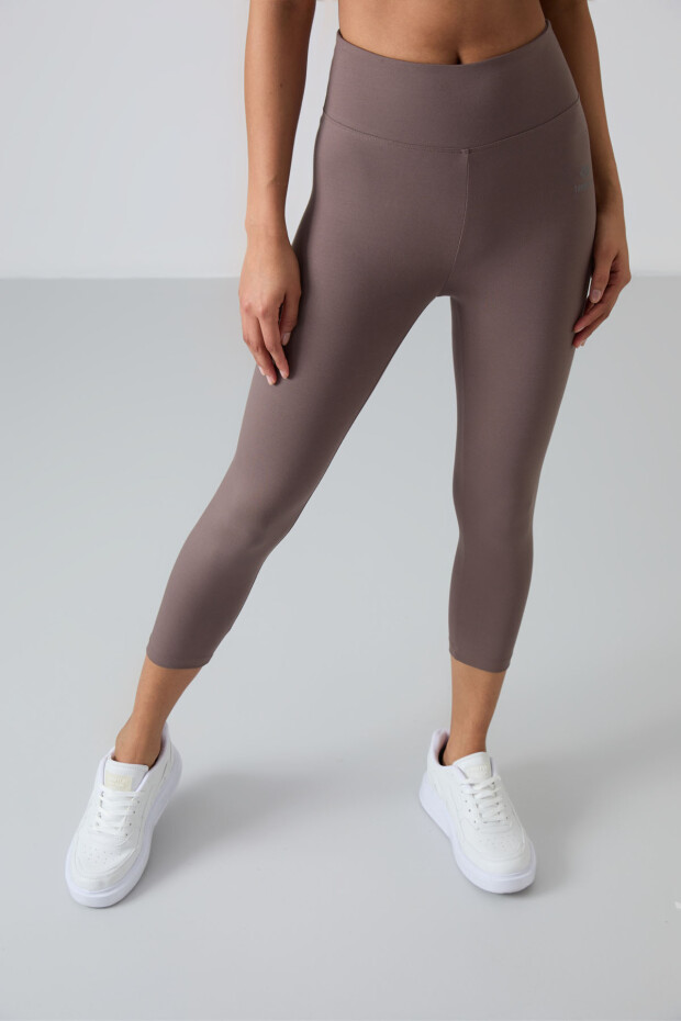 Kahverengi Yüksek Bel Slim Fit Dar Paça Kadın Kapri Tayt - 93097 - 4