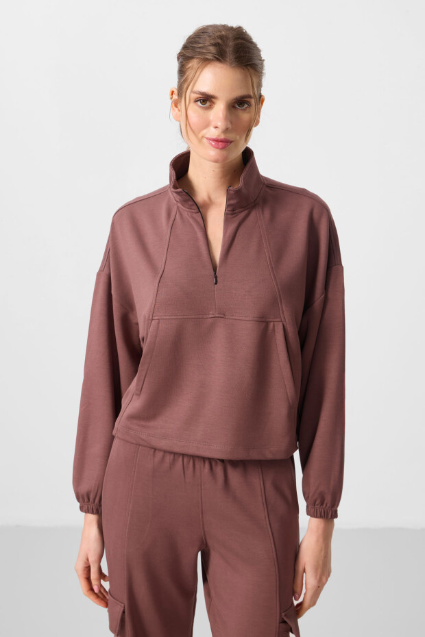 Kahverengi Yumuşak Dokulu Dik Yaka Gizli Fermuarlı Oversize Kadın Eşofman Takım - 95351 - 3