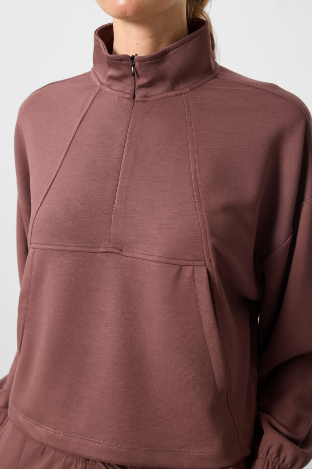 Kahverengi Yumuşak Dokulu Dik Yaka Gizli Fermuarlı Oversize Kadın Eşofman Takım - 95351 - 6