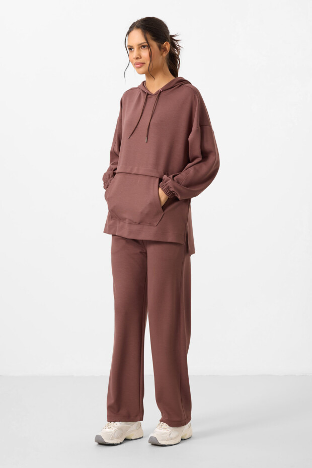 Kahverengi Yumuşak Dokulu Kapüşonlu Oversize Kadın Eşofman Tunik Takım - 95348 - 3