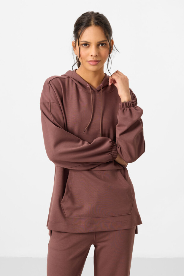 Kahverengi Yumuşak Dokulu Kapüşonlu Oversize Kadın Eşofman Tunik Takım - 95348 - 5