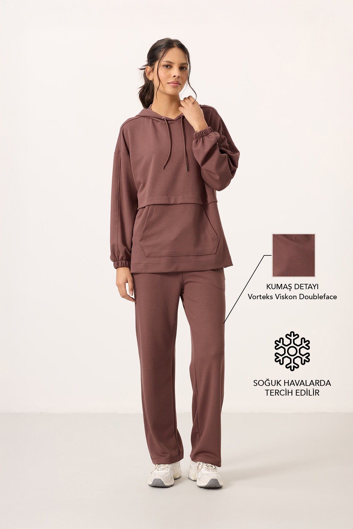 Kahverengi Yumuşak Dokulu Kapüşonlu Oversize Kadın Eşofman Tunik Takım - 95348 - TOMMYLIFE
