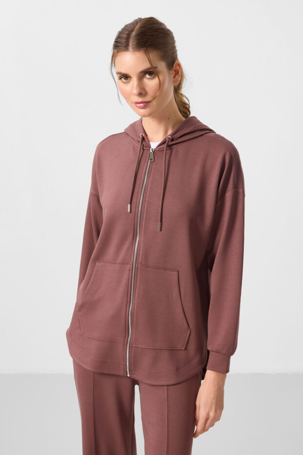 Kahverengi Yumuşak Dokulu Kapüşonlu Standart Kalıp Kadın Tunik Sweatshirt - 97302 - 2