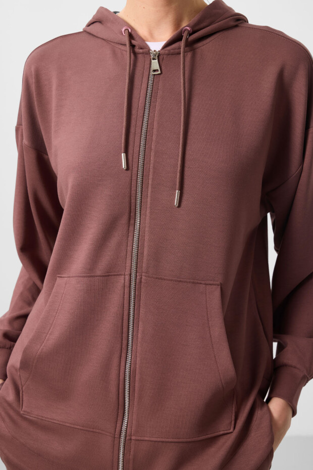 Kahverengi Yumuşak Dokulu Kapüşonlu Standart Kalıp Kadın Tunik Sweatshirt - 97302 - 6