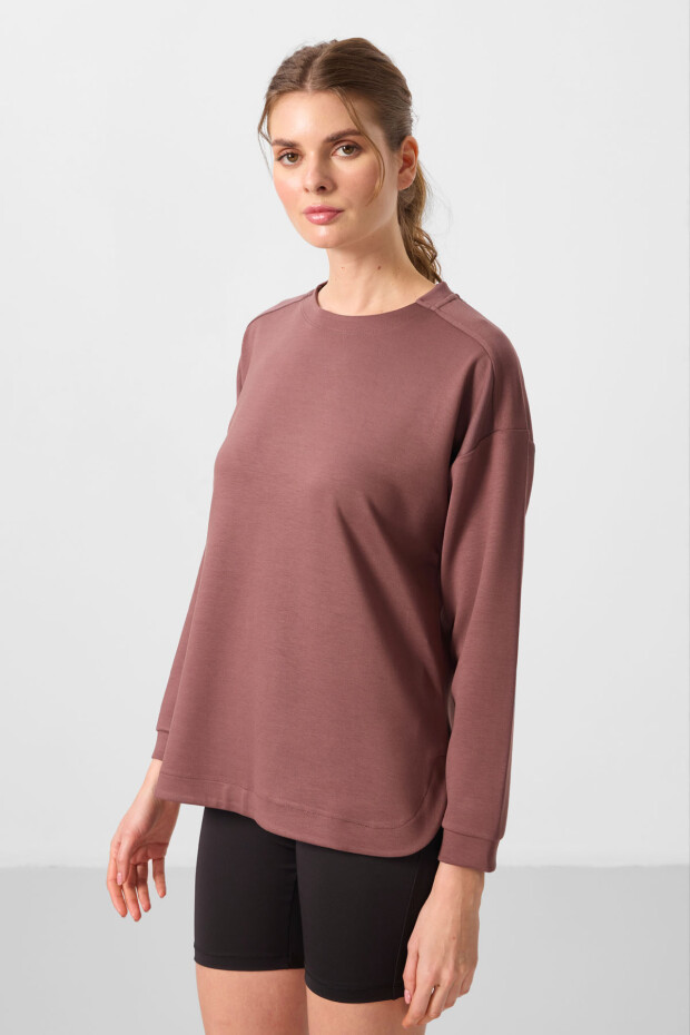 Kahverengi Yumuşak Dokulu O Yaka Rahat Form Kadın Tunik Sweatshirt - 97305 - 4