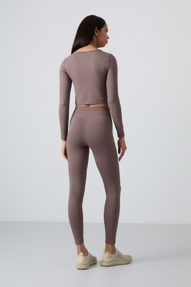 Kahvrengi Yüksek Bel Uzun Kollu Slim Fit Crop Top Kadın Tayt Takım - 95286 - 9