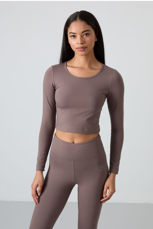 Kahvrengi Yüksek Bel Uzun Kollu Slim Fit Crop Top Kadın Tayt Takım - 95286 - 5