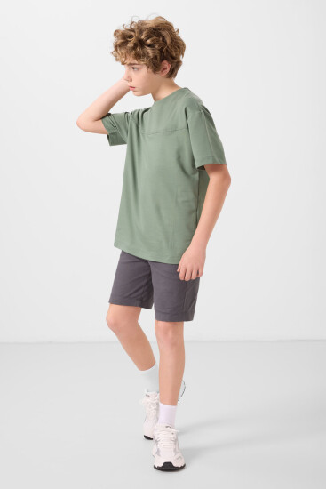 Açık Yeşil-Antrasit Pamuklu Oversize Fit Dokuma Hafif Esnek Chino Erkek Çocuk Şort Takım - 11279 - Thumbnail