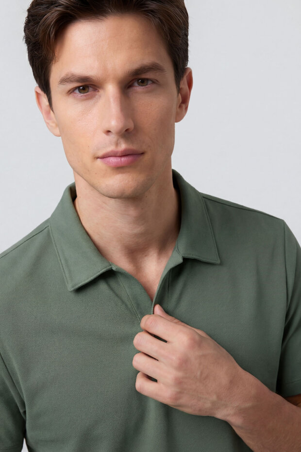 Açık Yeşil Rahat Form Yumuşak Dokulu Polo Yaka Erkek T-Shirt - 88496 - 3