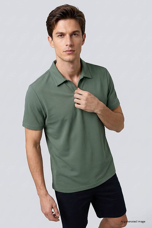 Açık Yeşil Rahat Form Yumuşak Dokulu Polo Yaka Erkek T-Shirt - 88496 - 3