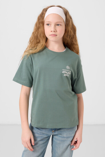 Açık Yeşil Pamuklu O Yaka Oversize Fit Baskılı Kız Çocuk T-Shirt - 75178 - Thumbnail