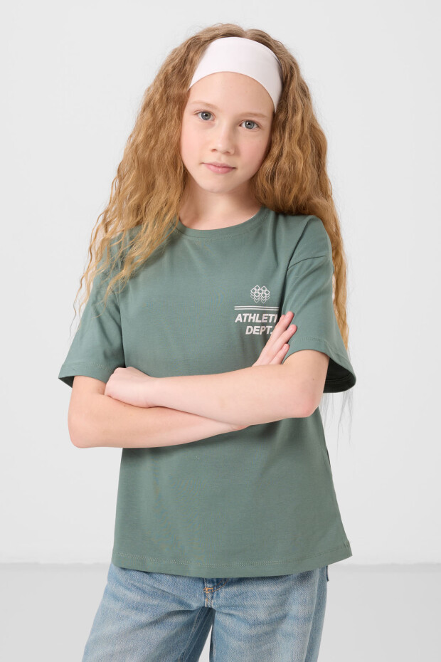 Açık Yeşil Pamuklu O Yaka Oversize Fit Baskılı Kız Çocuk T-Shirt - 75178