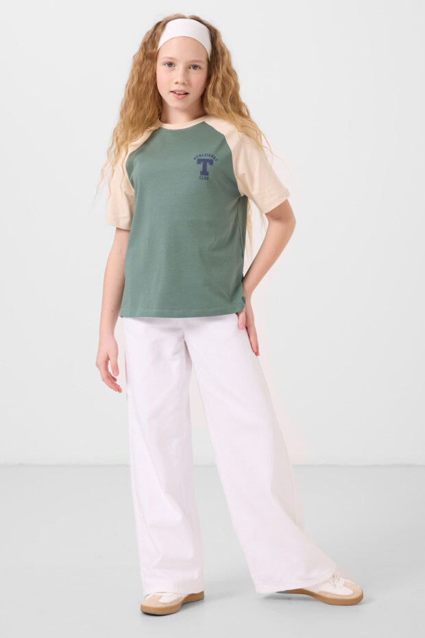 Açık Yeşil O Yaka Pamuklu Baskılı Oversize Fit Kız Çocuk T-Shirt - 75179