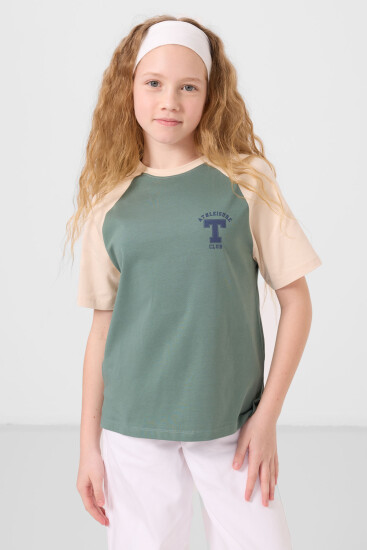 Açık Yeşil O Yaka Pamuklu Baskılı Oversize Fit Kız Çocuk T-Shirt - 75179 - Thumbnail