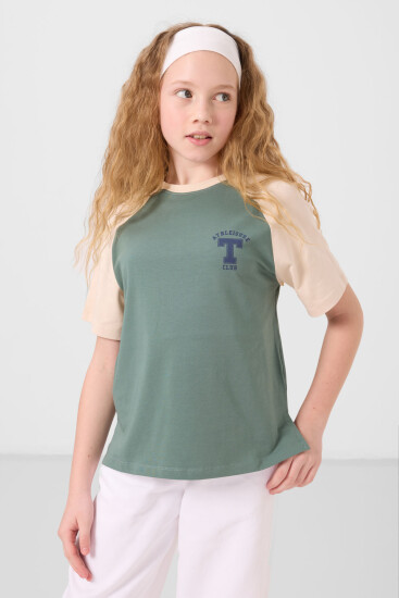 Açık Yeşil O Yaka Pamuklu Baskılı Oversize Fit Kız Çocuk T-Shirt - 75179 - Thumbnail